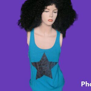 Jenny twisty straps wide open back start tank top in blue and black size small.